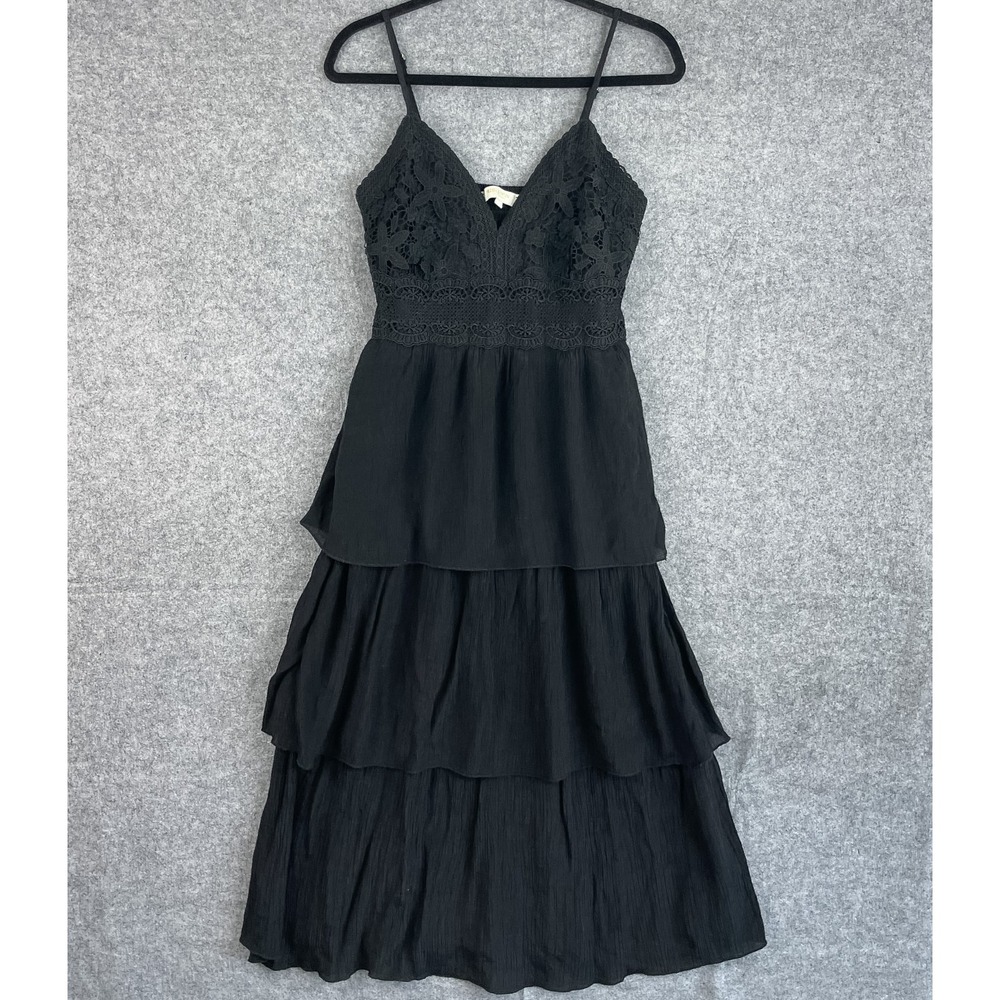 Rebellion Again Tiered Lace Midi Dress Womens Large Black Boho Whimsigoth Fairy
